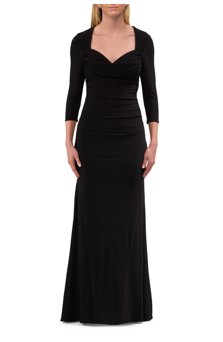 La Femme Simple Jersey Dress with Ruching and Sweetheart Neckline, Main, color, Black
