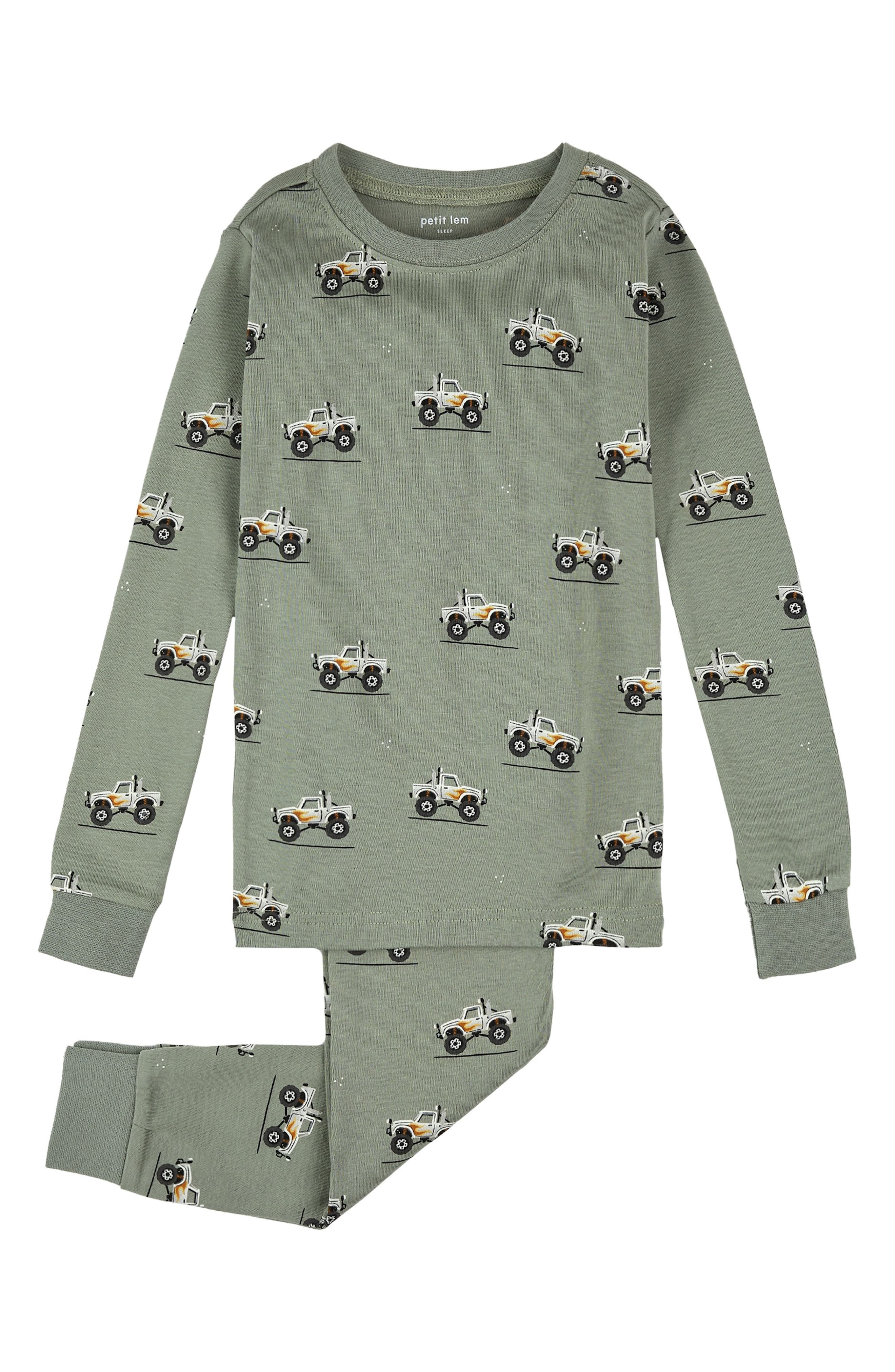 Petit Lem Kids' Monster Truck Print Fitted Two-Piece Organic Cotton Rib Pajamas