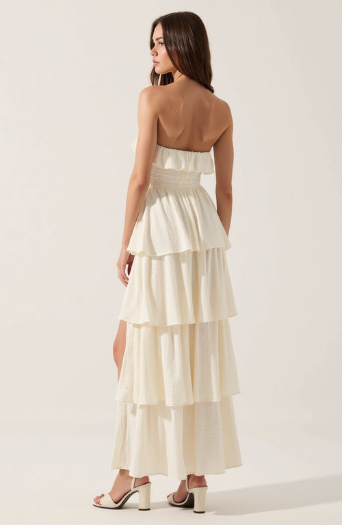 Modenaire Strapless Tiered Ruffle Maxi Dress With High Slit In Cream