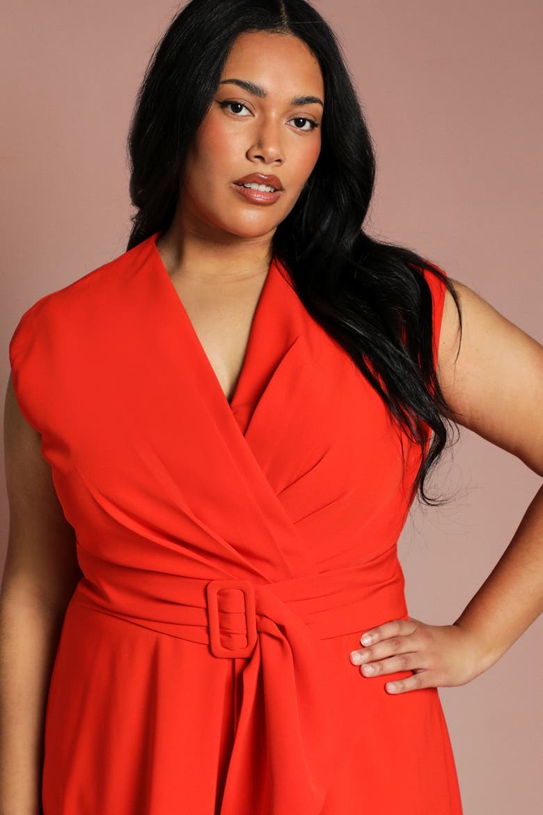Plus V-Neck Belted Midi Dress, Alternate, color, Flame Red