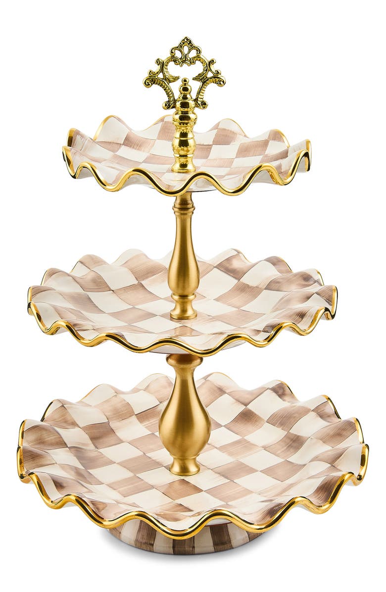 MACKENZIE CHILDS Mocha Check Ceramic Three Tier Sweet Stand, Main, color, Mocha