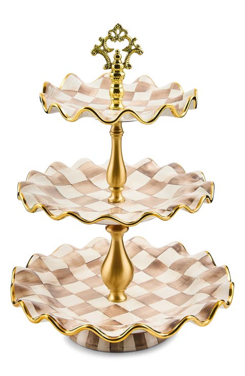 Mocha Check Ceramic Three Tier Sweet Stand