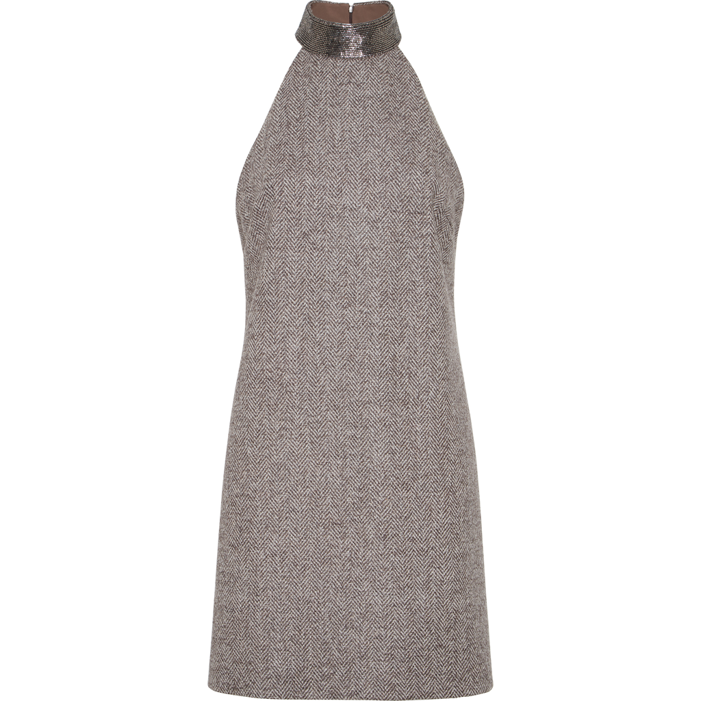 Brunello Cucinelli Halter-neck Herringbone Tweed Dress In Brown