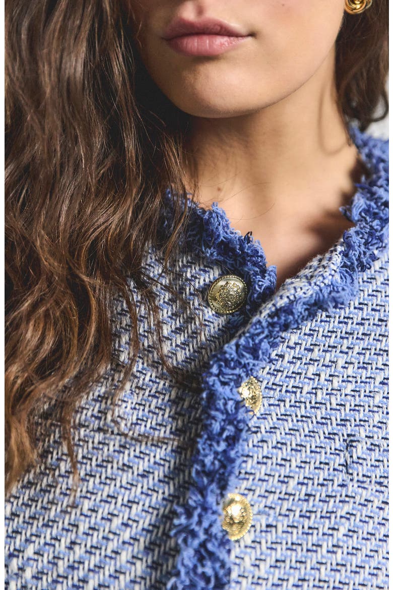 Asuka Fringe Detail Cotton Blend Tweed Crop Jacket, Alternate, color, INDIGO MULTI