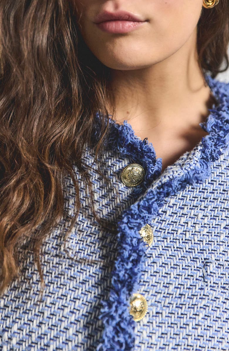 Derek Lam 10 Crosby Asuka Fringe Detail Cotton Blend Tweed Crop Jacket, Alternate, color, Indigo Multi