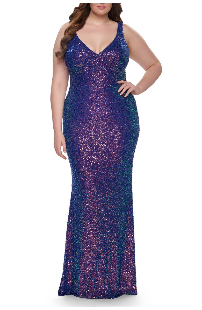 La Femme Unique Stretch Sequin Plus Gown with V-Neckline, Main, color, Indigo