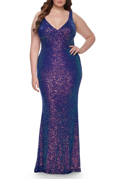 La Femme Unique Stretch Sequin Plus Gown With V-neckline