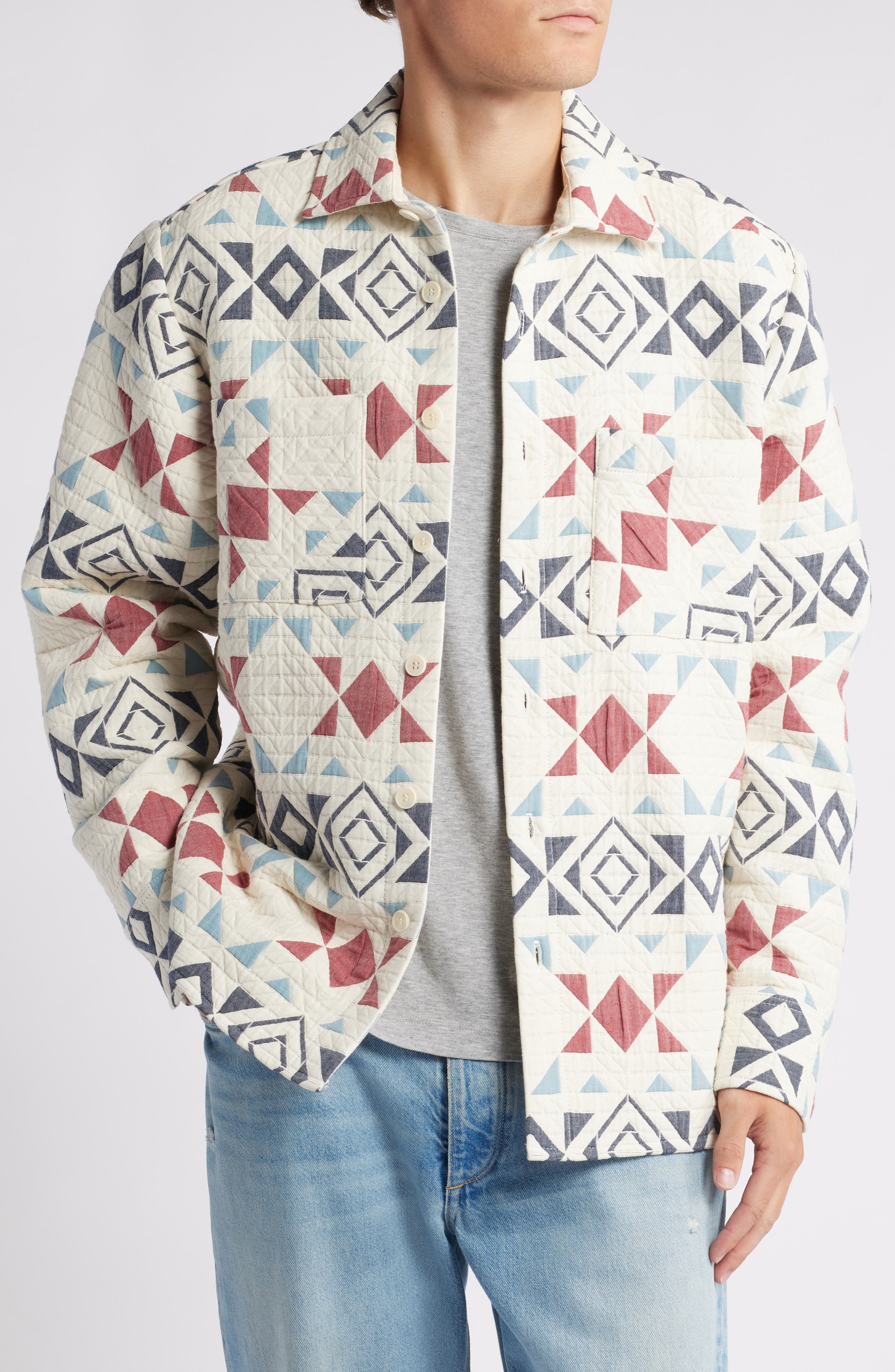 Wax London Otto Quilted Overshirt in Ecru /Red 