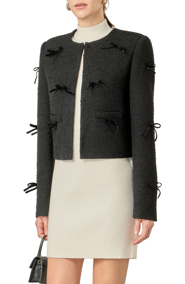 English Factory Bow Jacket, Alternate, color, Black/ Grey