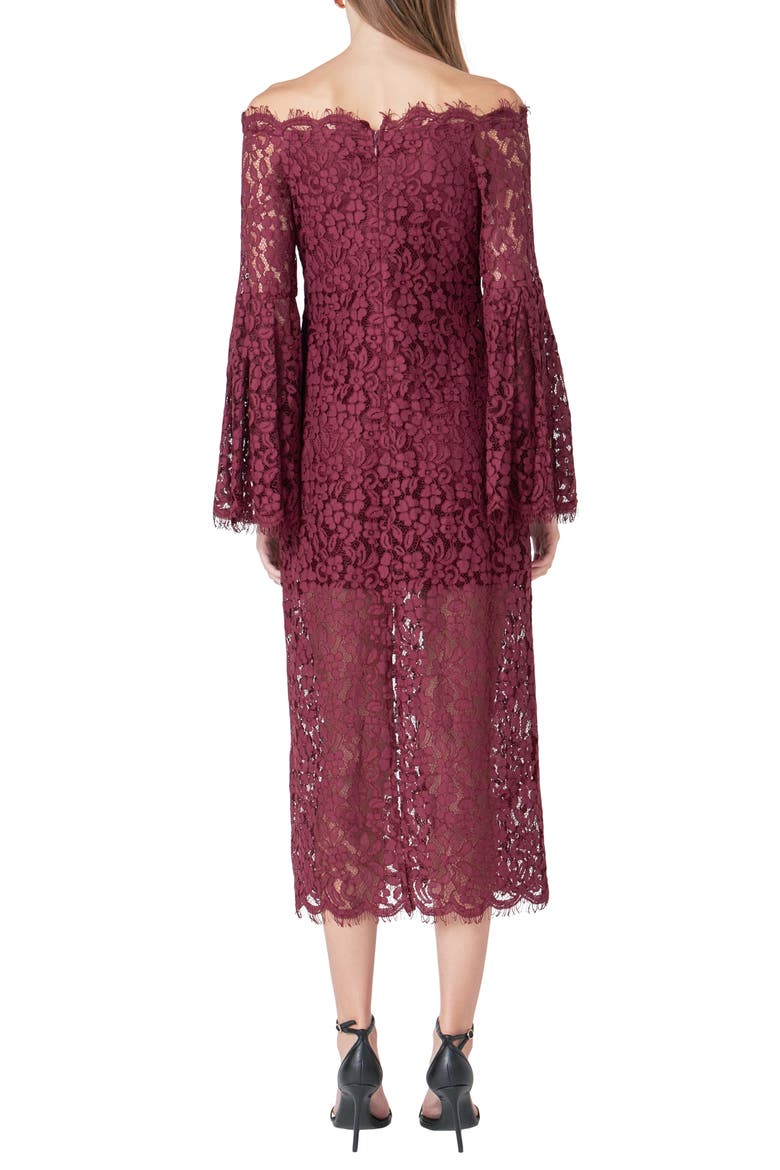 Off the Shoulder Long Sleeve Lace Maxi Dress, Alternate, color, BURGUNDY