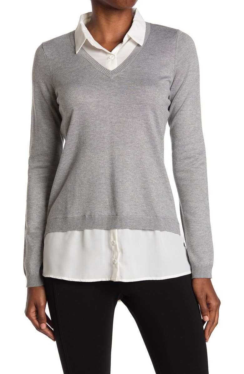 Adrianna Papell V-Neck Twofer Sweater, Main, color, Heather Grey/Ivory