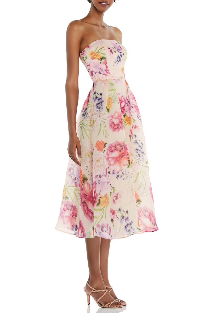 Alfred Sung Floral Print Strapless Midi Dress, Alternate, color, Penelope Print