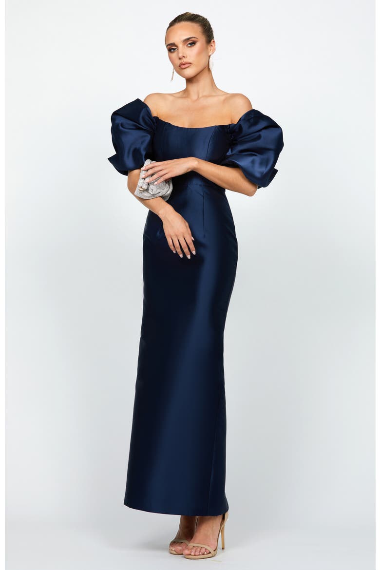 Meredith Puff Sleeves Scooped Gown, Alternate, color, NAVY
