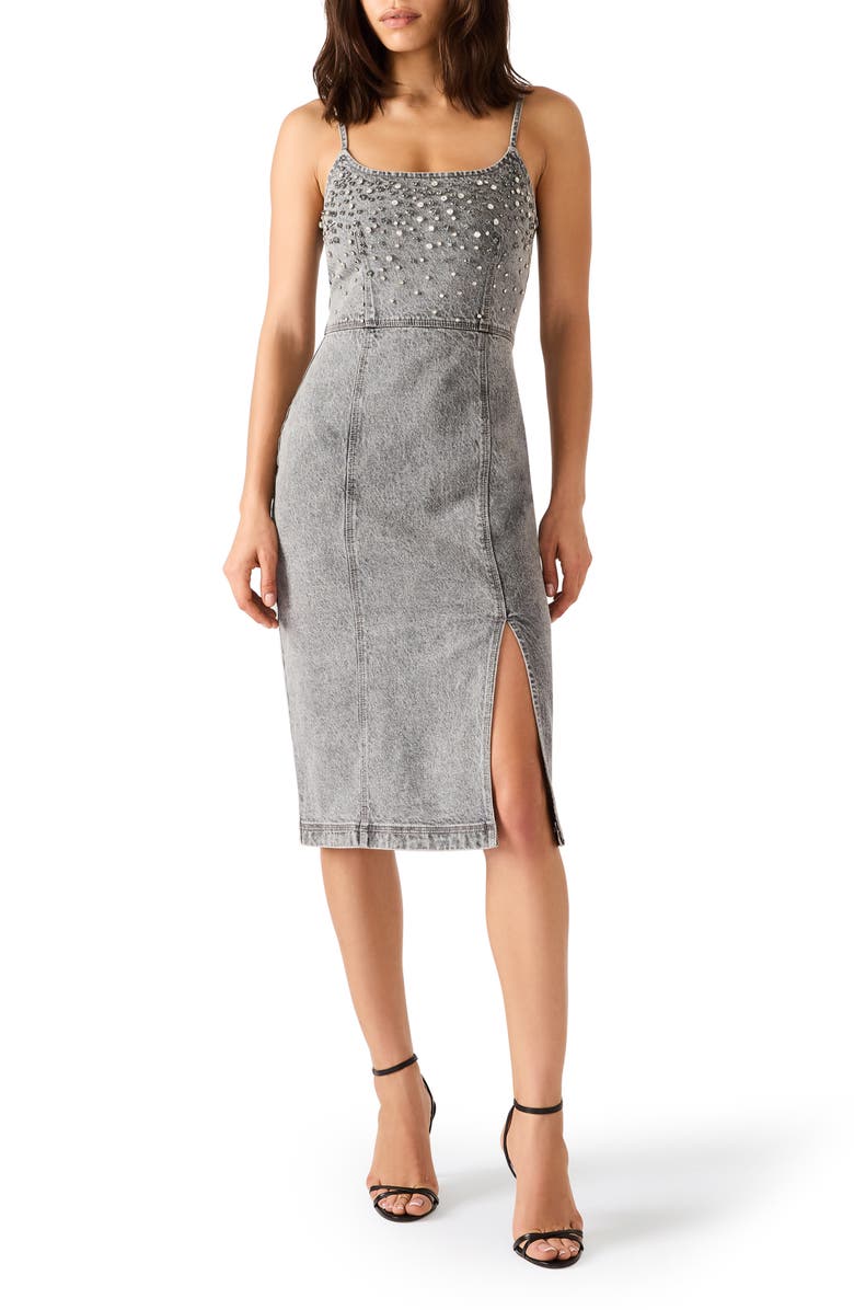 Steve Madden Giselle Rhinestone Detail Denim Dress, Main, color, Astor Wash