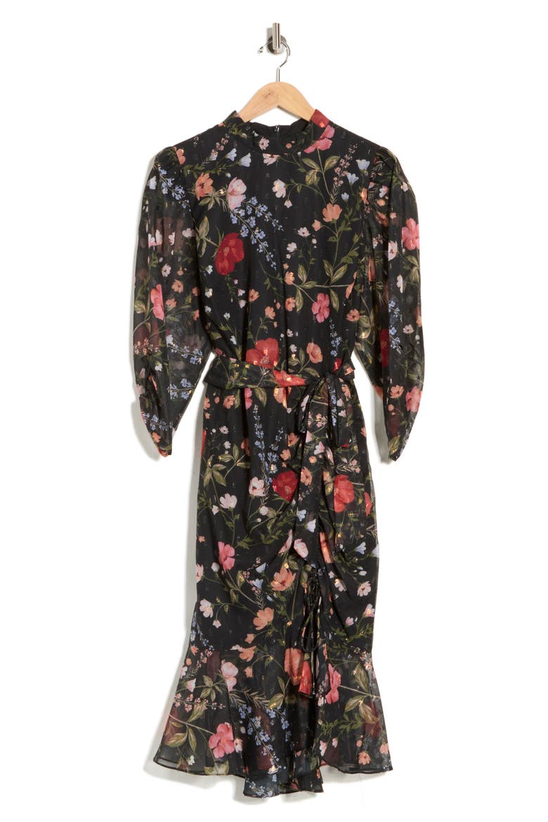 Floral Ruched Sleeve Dress, Alternate, color, BLACK