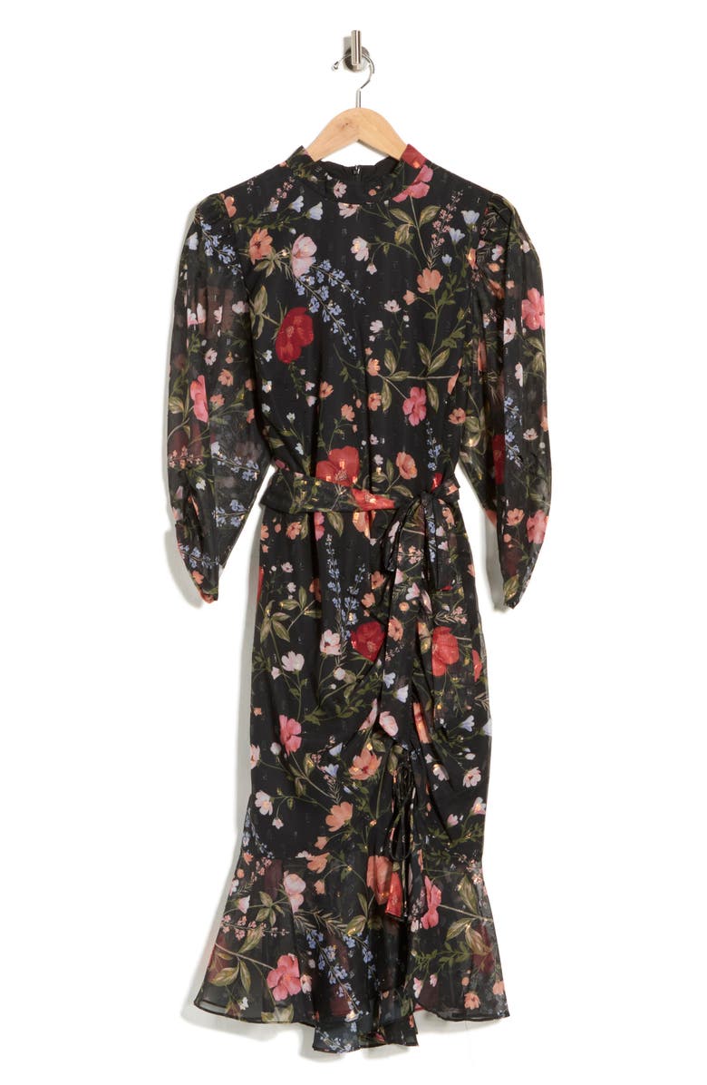 Eliza J Floral Ruched Sleeve Dress, Main, color, Black