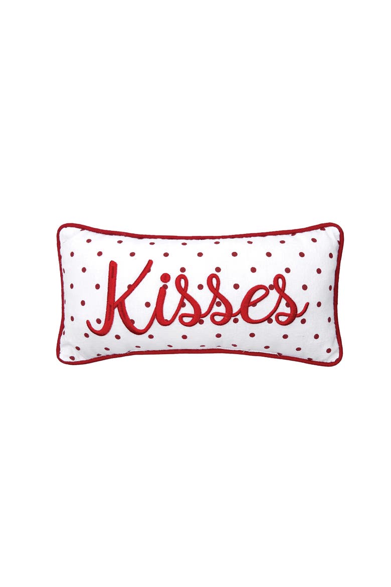 Kisses Dot Mini Embroidered Red Valentine's Day Accent Pillow 6" x 12", Main, color, Red