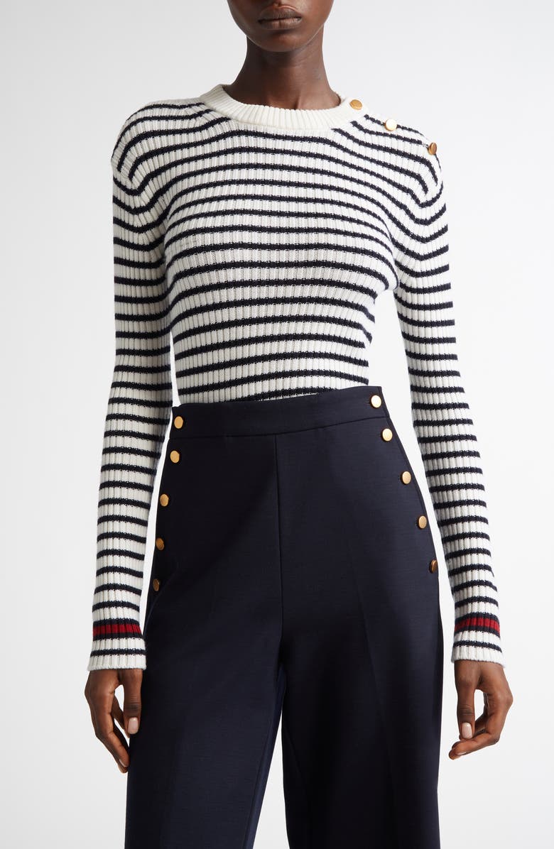 Max Mara Lari Button Detail Stripe Virgin Wool Rib Sweater, Main, color,