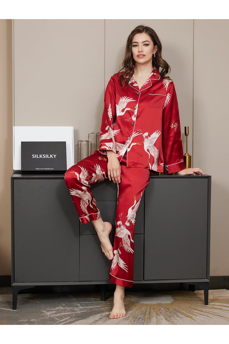 19Momme Pure Silk Printed Classic Binding Trim Womens Pajama set, Alternate, color, DarkRed