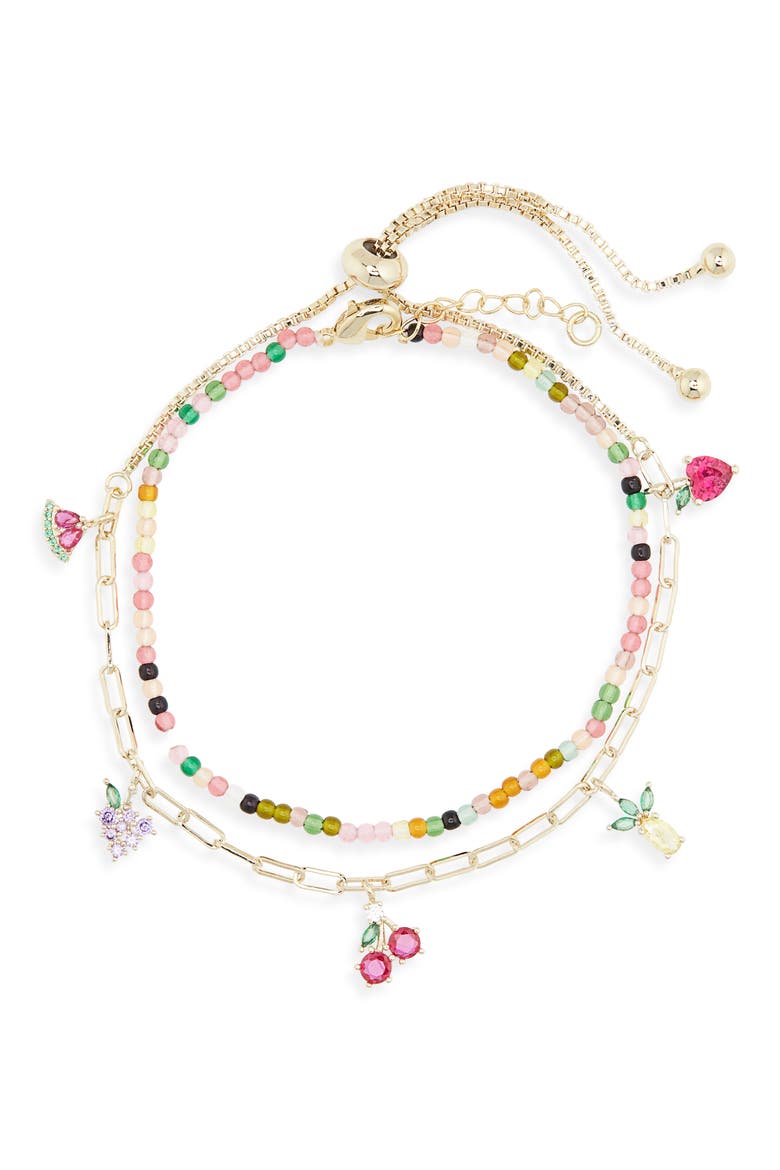 Set of 2 Cubic Zirconia Fruit Charm & Beaded Bracelets, Alternate, color, RED MULTI- GOLD