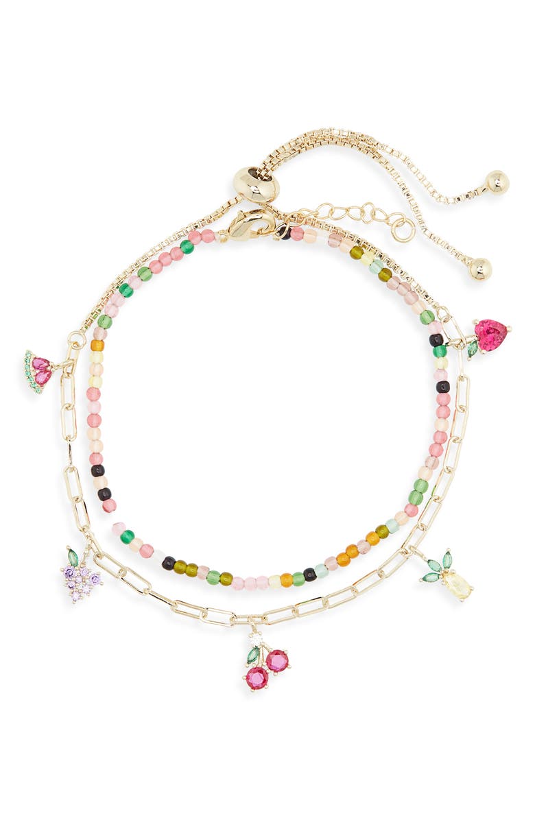 Leith Set of 2 Cubic Zirconia Fruit Charm & Beaded Bracelets, Alternate, color, Red Multi- Gold