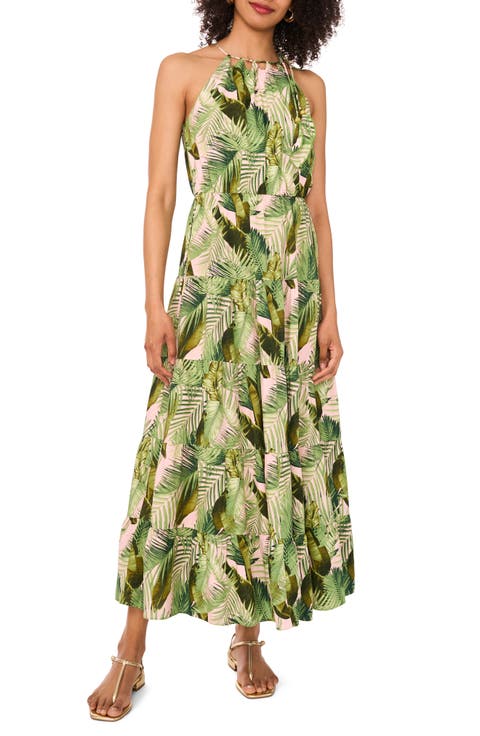 Botanical Print Neck Cutout A-Line Dress