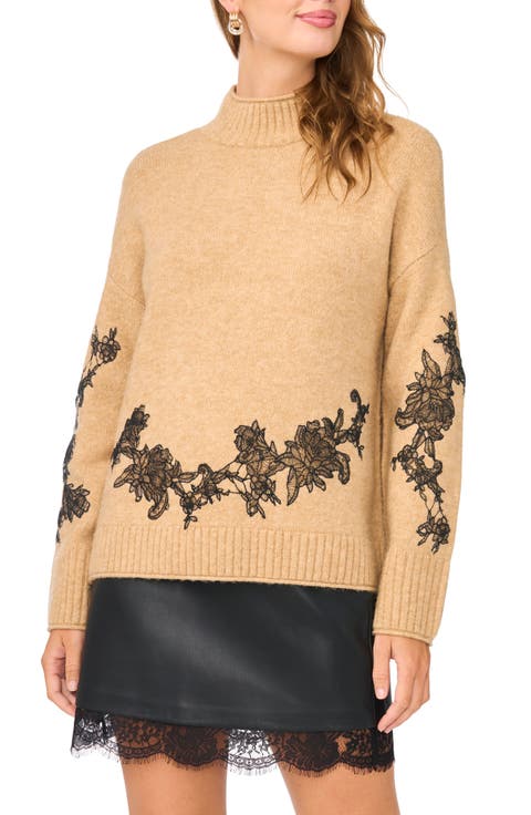 Lace Appliqué Mock Neck Sweater