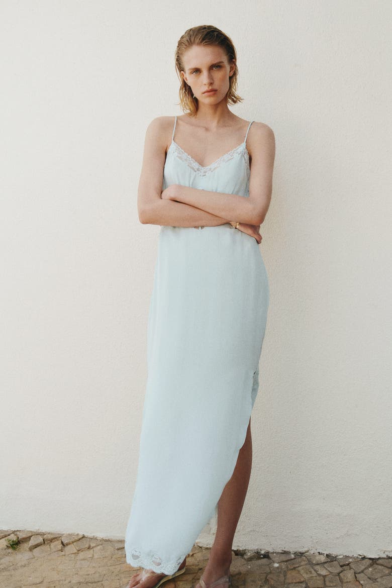 Lace-trimmed Strappy Dress, Main, color, Light blue