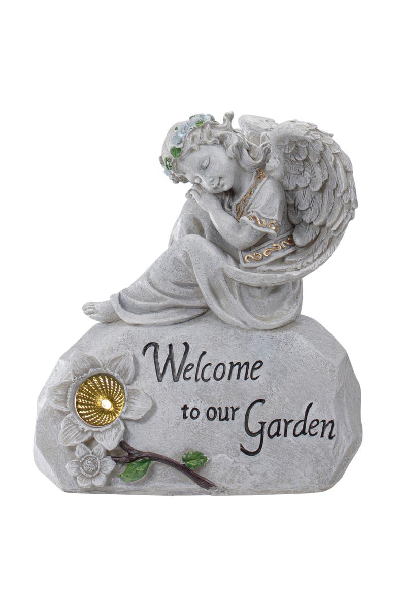 Northlight 9.25" Gray Solar Powered "Welcome to Our Garden" Angel Outdoor Garden Statue, Main, color, Gray