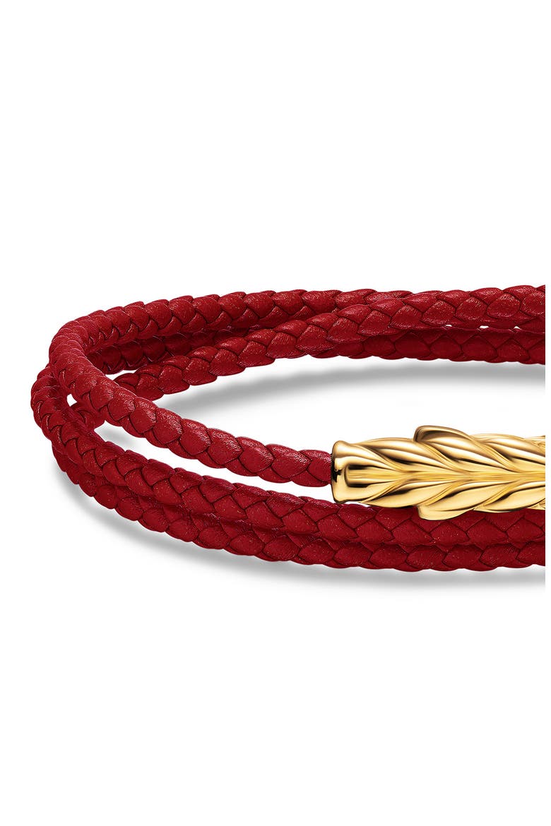 Men's Chevron Triple Wrap Bracelet in Leather with 18K Yellow Gold, 3mm, Alternate, color, RED