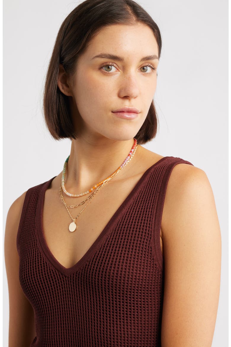 Set of 2 Beaded & Disc Pendant Layered Chain Necklaces, Alternate, color, RAINBOW- GOLD