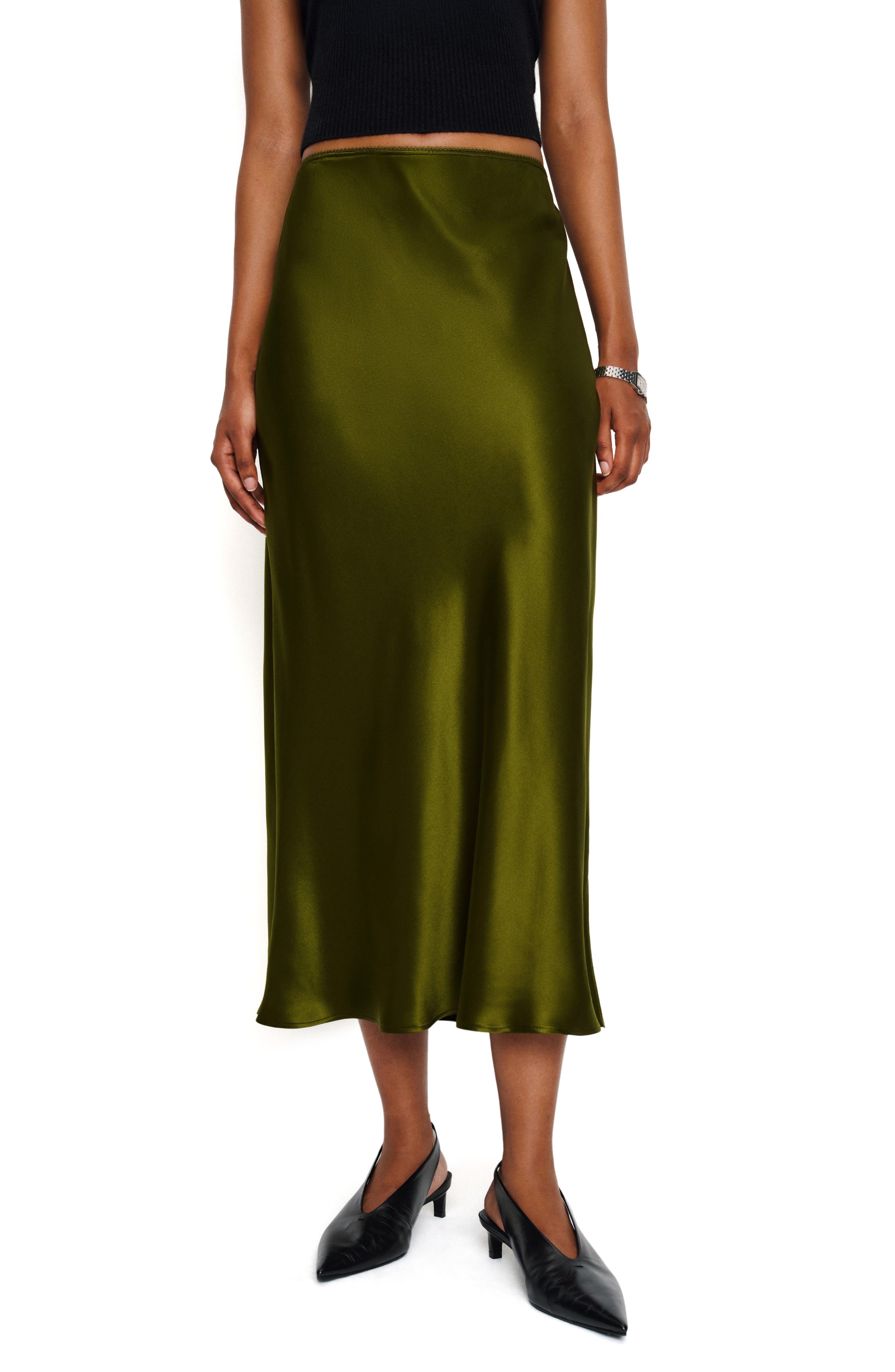 Reformation Layla Silk Midi Skirt In Moss Garden