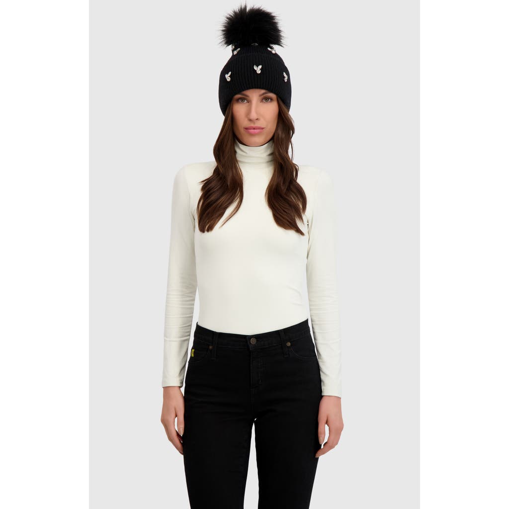 Lyla Grant Knit Hat With Fur-free Fox (faux Fur) Pompom In Black