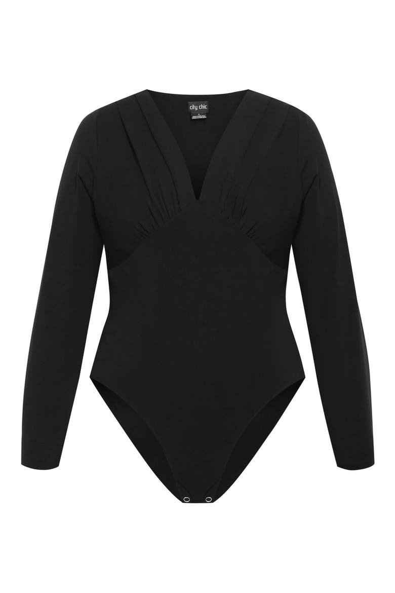 Amelia Pleated Long Sleeve Stretch Cotton Bodysuit, Alternate, color, BLACK