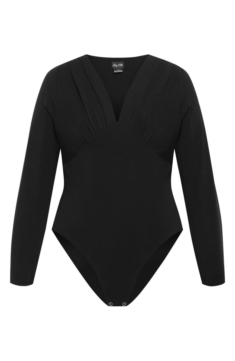 City Chic Amelia Pleated Long Sleeve Stretch Cotton Bodysuit, Alternate, color, Black