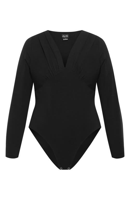 City Chic Amelia Pleated Long Sleeve Stretch Cotton Bodysuit In Black