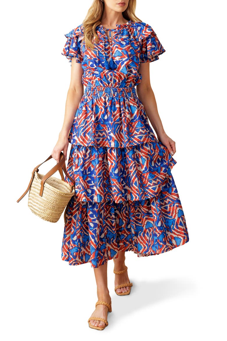 Ruffle Short Sleeve Tiered Midi Dress, Main, color, BLUE RUST