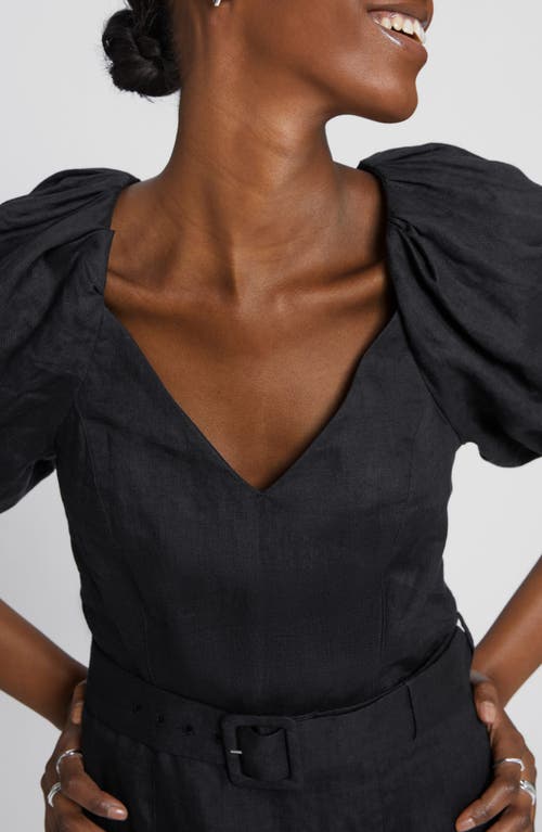& Other Stories Puff Sleeve Belted Linen Dress In Black