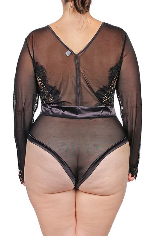 Memoi Josephine Long Sleeve Thong Bodysuit In Black