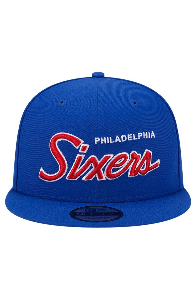New Era Men's New Era Royal Philadelphia 76ers Evergreen Script Side Patch 9FIFTY Snapback Hat, Alternate, color, 