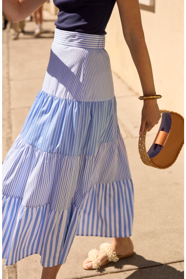 Shelly Tiered Midi Skirt, Alternate, color, SKY/ WHITE