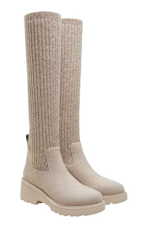 Round-Toe Knee-High Platform Chunky Wool Wedge Boots (Eduarda)