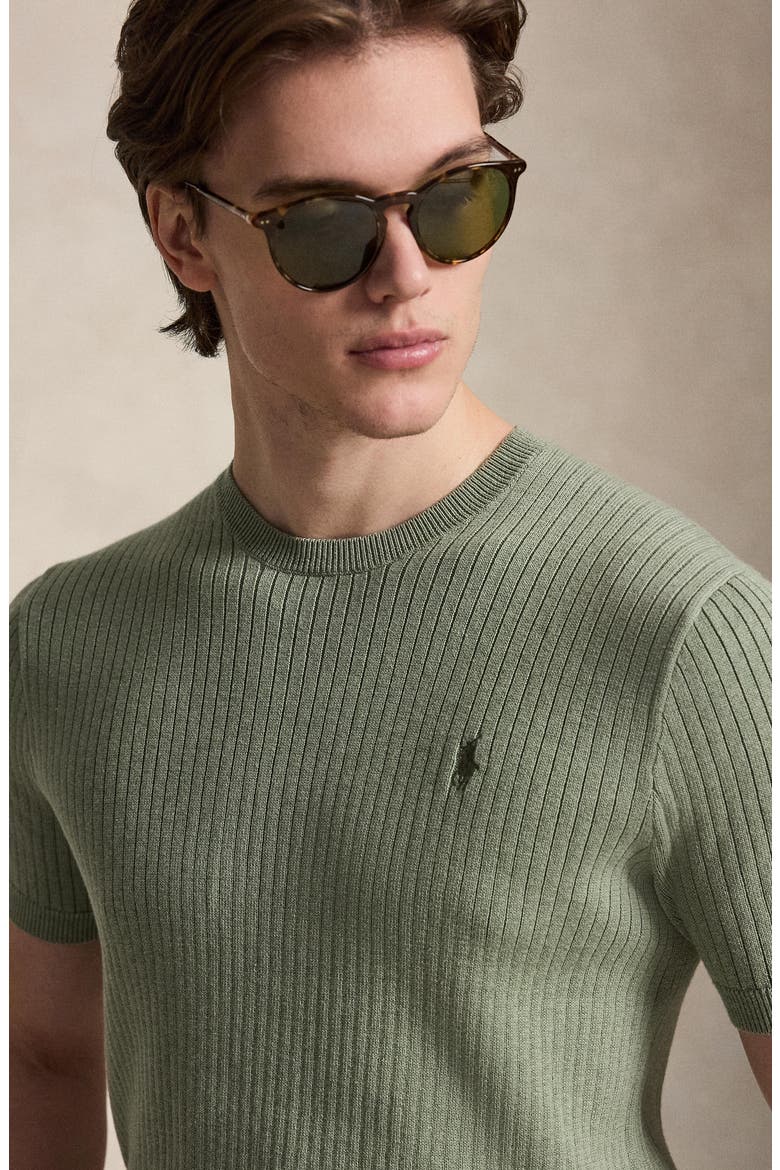 Ribbed Short Sleeve Cotton Sweater, Alternate, color, FERN GREEN HEATHER