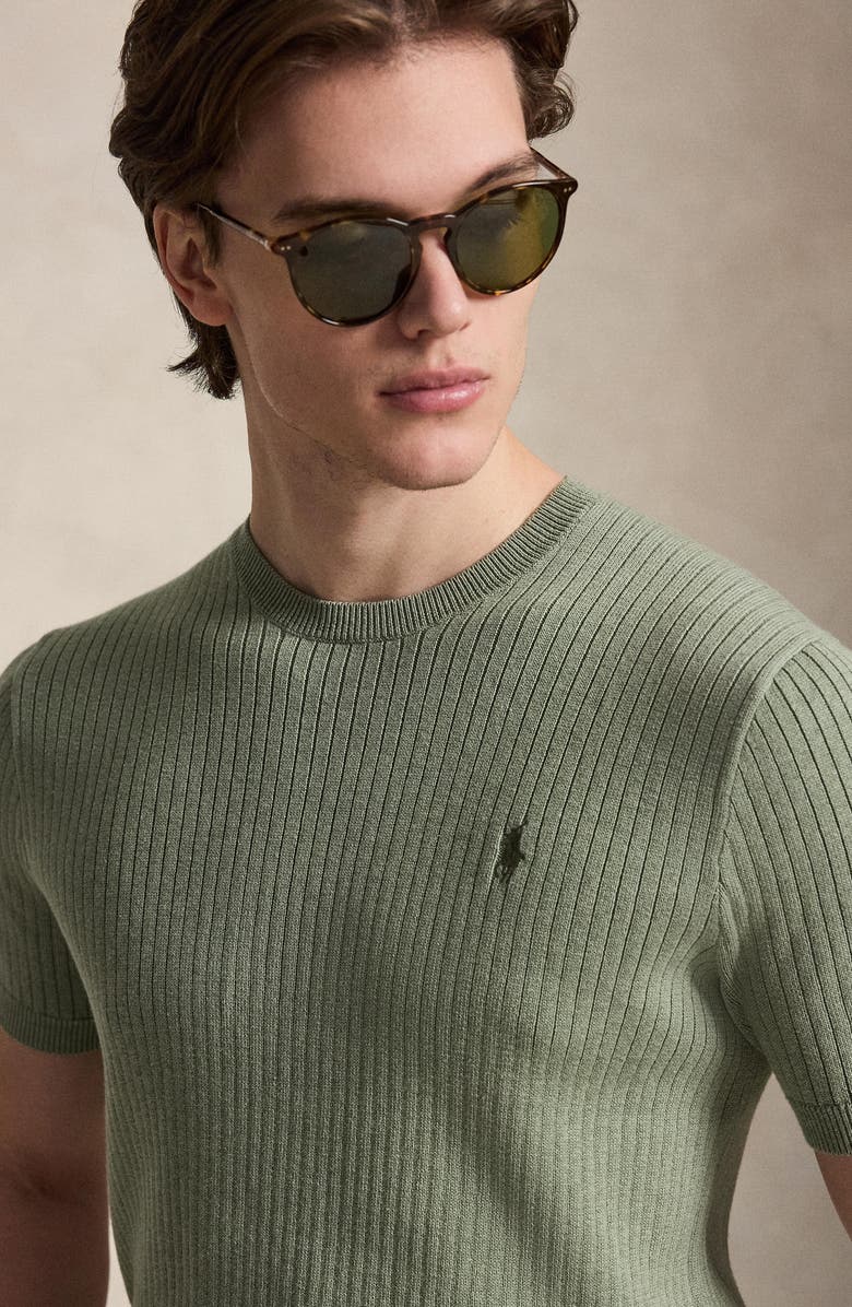 Polo Ralph Lauren Ribbed Short Sleeve Cotton Sweater, Alternate, color, Fern Green Heather