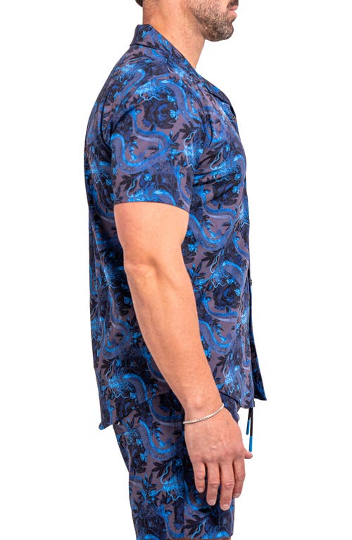 Maceoo Beachdragon Blue Short Sleeve Cotton Button-up Shirt In Blue