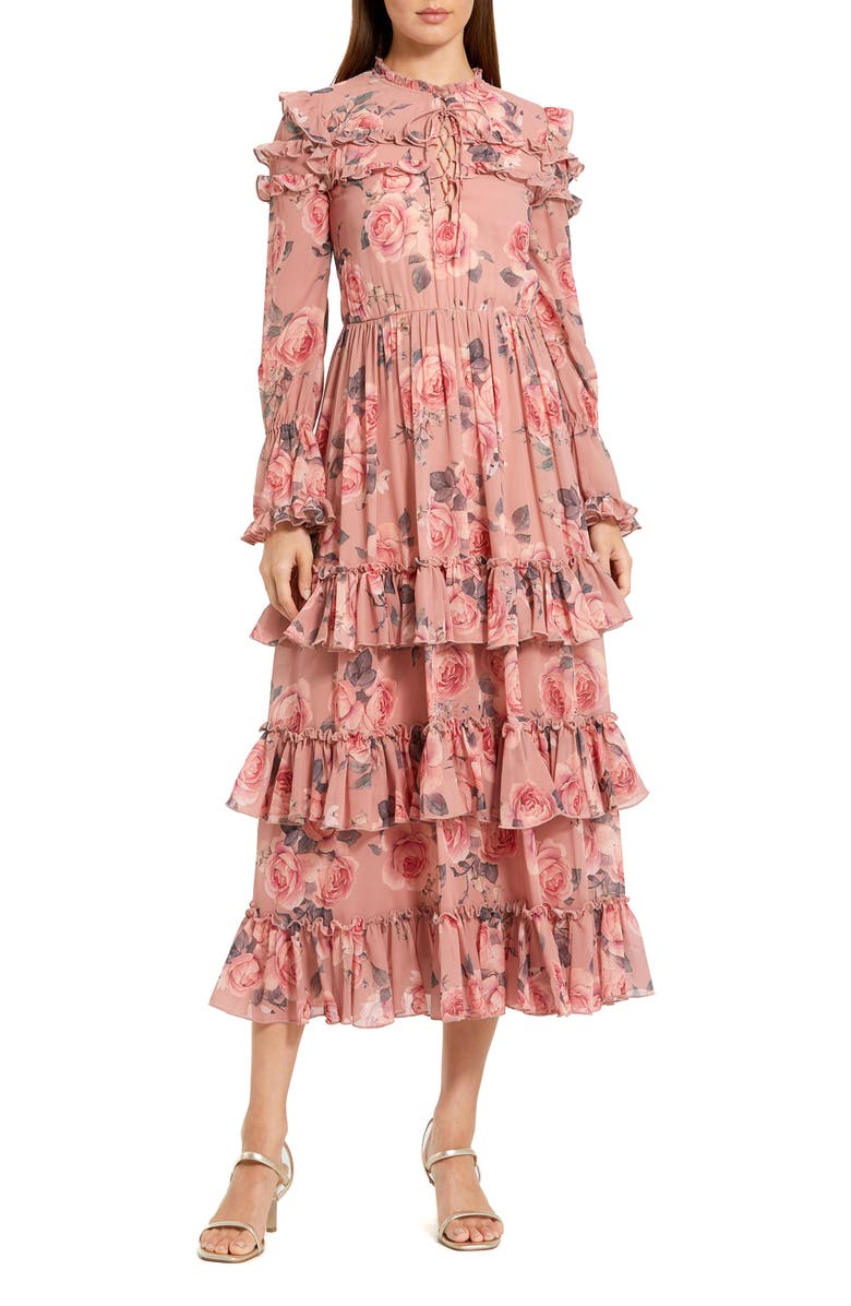 Mac Duggal Printed Long Sleeve Lace Up Front Tiered Ruffle Dress, Main, color, Rose Multi