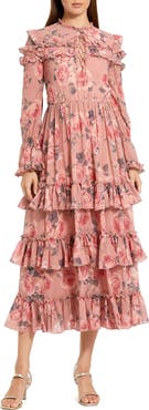 Mac Duggal Printed Long Sleeve Lace Up Front Tiered Ruffle Dress