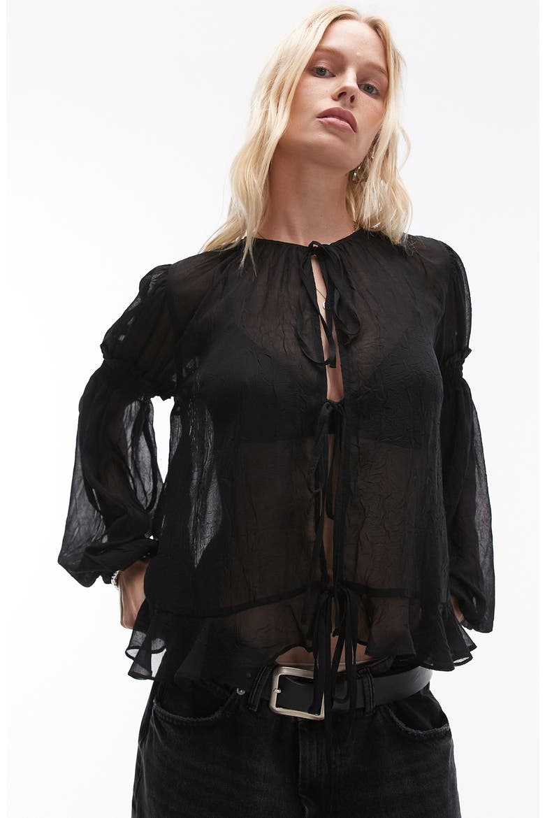 Crinkle Sheer Tie Front Top, Main, color, BLACK