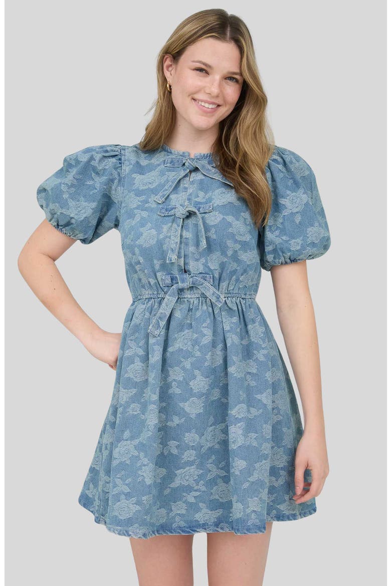Bow Detail Floral Jacquard Denim Minidress, Alternate, color, DENIM