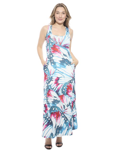 Womens Butterfly Sleeveless Scoop Neck A-Line Pocket Maxi Dress